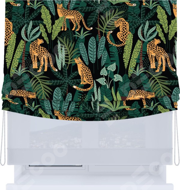 Римская штора «Кортин», день-ночь с мягкими складками, «Леопарды в джунглях»