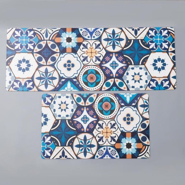 Набор ковриков для ванны и туалета Доляна «Мистери», 2 шт: 45×75, 45×120 см, цвет синий