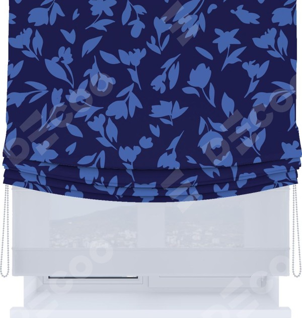 Римская штора «Кортин», день-ночь с мягкими складками, «Синие цветы»