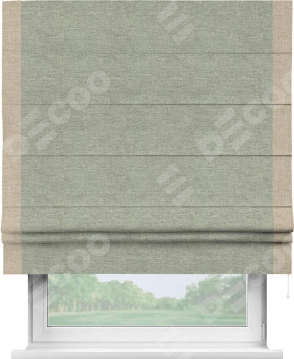 Римская штора «Кортин» с кантом Стрим Дуо, для проема, ткань лён кашемир серо-зелёный