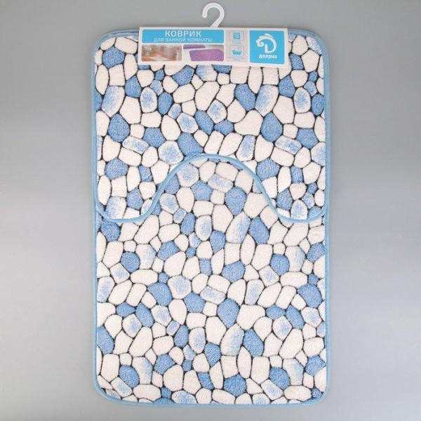 Набор ковриков для ванны и туалета Доляна «Галька», 2 шт: 40×50, 50×80 см, цвет синий