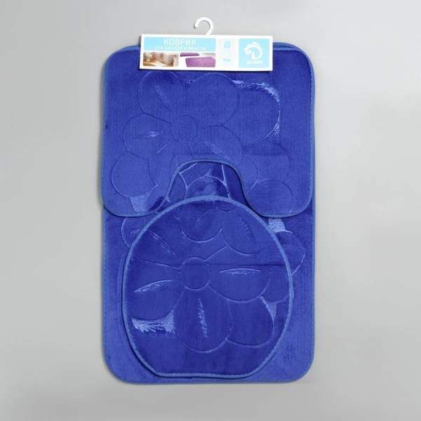Набор ковриков для ванны и туалета Доляна, 3 шт: 36×43, 40×50, 50×80 см, цвет синий