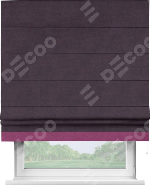 Римская штора «Кортин» для проема, вельвет тёмно-фиолетовый с кантом Джестер