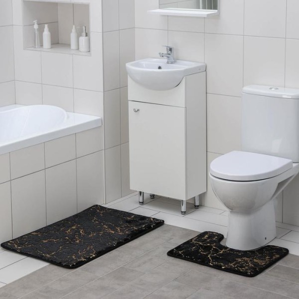 Набор ковриков для ванны и туалета Доляна «Мрамор», 2 шт: 40×50, 50×80 см, цвет чёрный