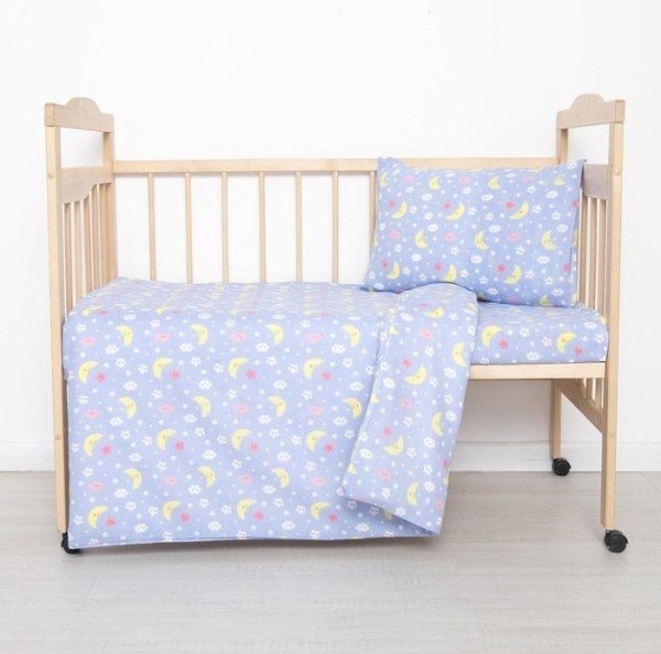 Постельное бельё детское "Спокойной ночи", цвет голубой, 112×147, 100×150, 40×60 1 шт, ситец/бязь, хл 100%