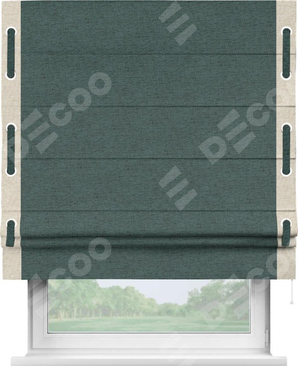 Римская штора «Кортин» с кантом Стрим Дуо (люверсы с пояском), для проема, ткань стиф димаут сине-зелёный