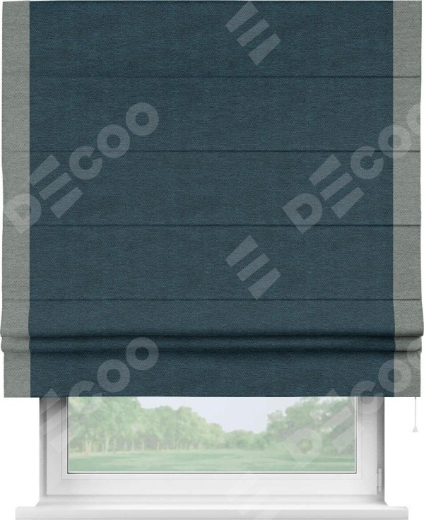 Римская штора «Кортин» с кантом Стрим Дуо, для проема, ткань твид блэкаут, глубокий синий