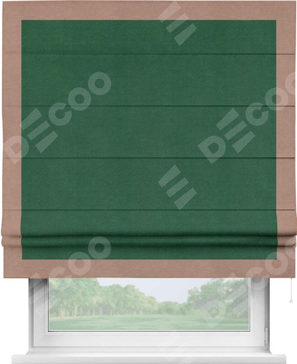 Римская штора «Кортин» с кантом Чесс, для проема, ткань вельвет зеленый