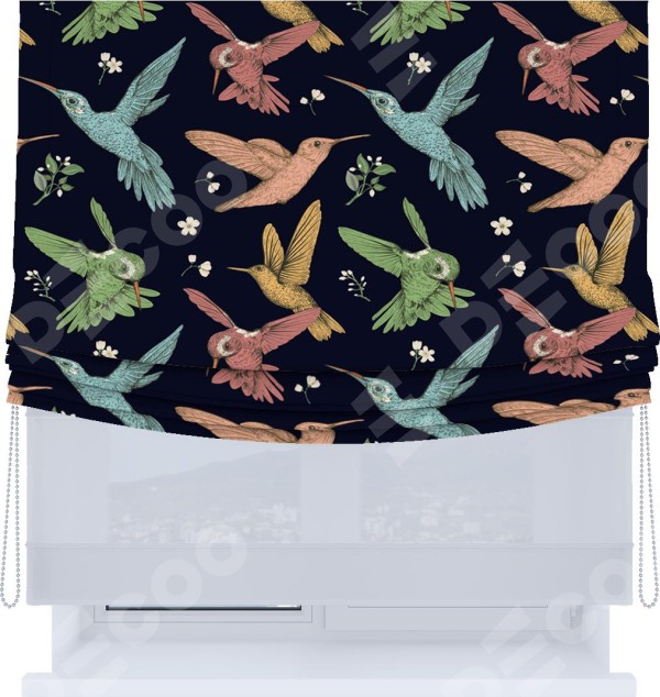 Римская штора «Кортин», день-ночь с мягкими складками, «Птицы и цветы»