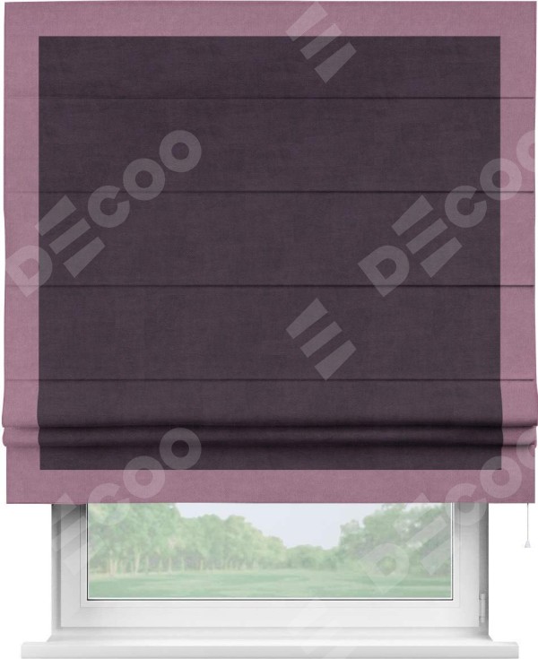 Римская штора «Кортин» для проема, вельвет тёмно-фиолетовый с кантом Чесс