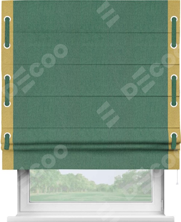 Римская штора «Кортин» с кантом Стрим Дуо (люверсы с пояском), для проема, ткань твид блэкаут, зелёный