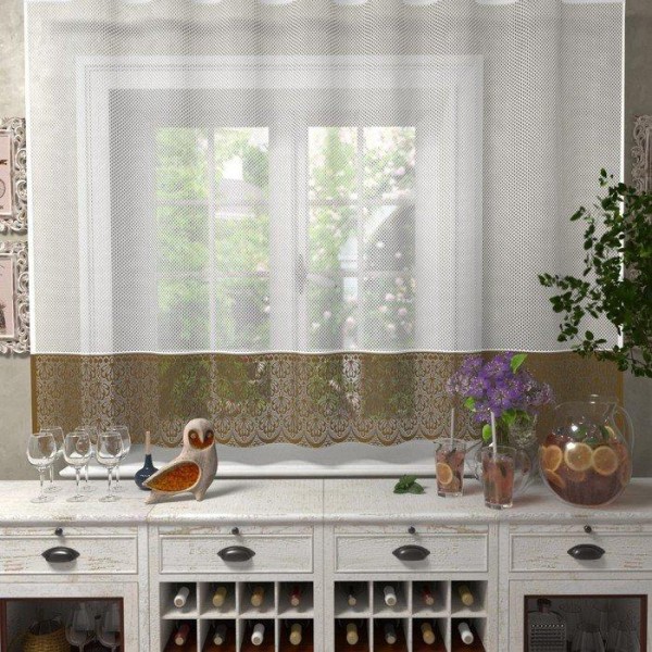 Тюль кухонная со шторной лентой, 145х275 см, цвет белый с коричневым, пэ