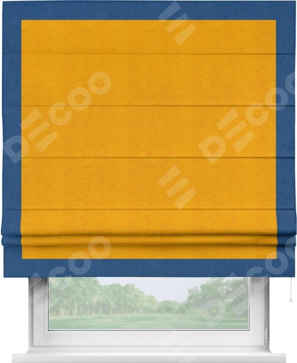Римская штора «Кортин» с кантом Чесс, для проема, ткань вельвет желтый