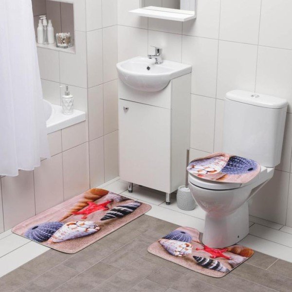 Набор ковриков для ванны и туалета Доляна «Ракушки на песке», 3 шт: 35×39, 40×50, 45×75 см
