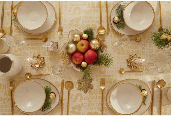 Скатерть Этель «Новый год: Merry xmas» цвет золотой, 142*110 +/-3 см, 115 ±10 гр, 100% п/э