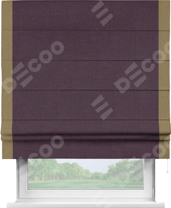 Римская штора «Кортин» для проема, лён димаут фиолетовый с кантом Стрим Дуо