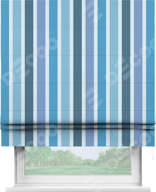 Римская штора «Кортин» для проема «Сине-голубые вертикальные полоски»