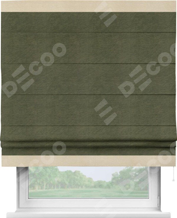 Римская штора «Кортин» с кантом Горизонт, для проема, ткань софт однотонный зелёный