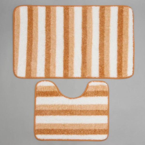 Набор ковриков для ванны и туалета Доляна «Полосатик», 2 шт: 50×80, 40×50 см, цвет бежево-коричневый