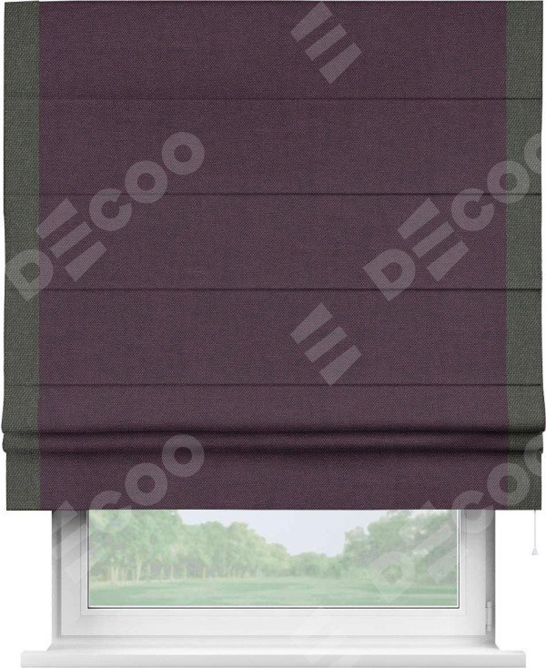 Римская штора «Кортин» для проема, лён димаут фиолетовый с кантом Стрим Дуо