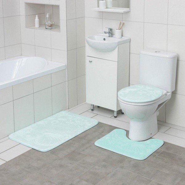 Набор ковриков для ванны и туалета Доляна «Морское дно», 3 шт: 50×80, 50×40, 38×43 см, цвет бирюзовый