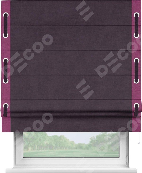 Римская штора «Кортин» для проема, вельвет тёмно-фиолетовый с кантом Стрим Дуо (люверсы с пояском)