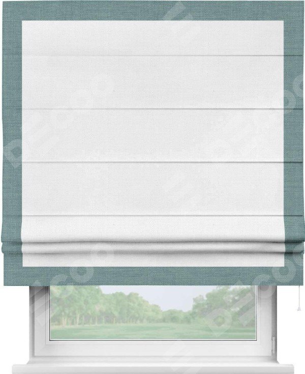 Римская штора «Кортин» с кантом Чесс, для проема, ткань лён белый