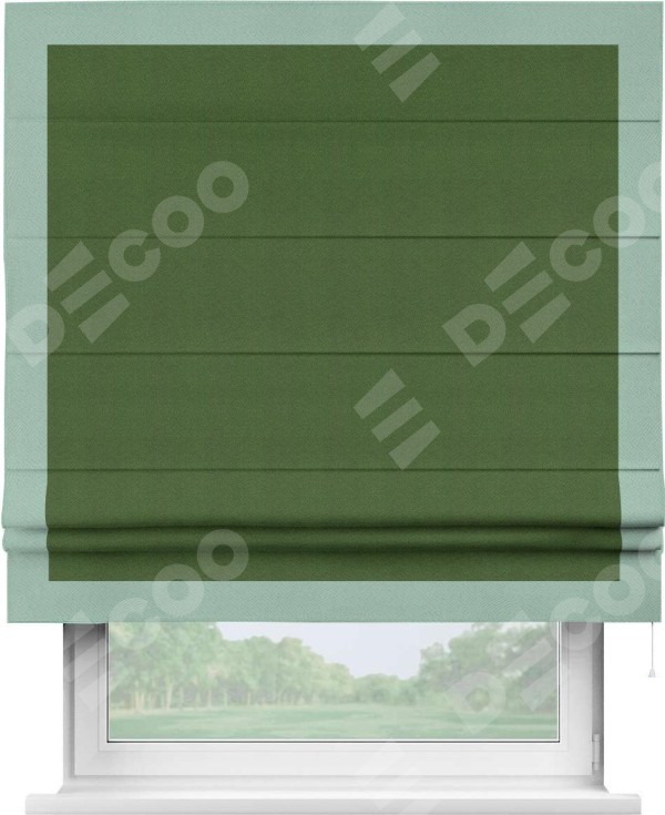 Римская штора «Кортин» с кантом Чесс, для проема, ткань блэкаут однотонный зелёный перламутр