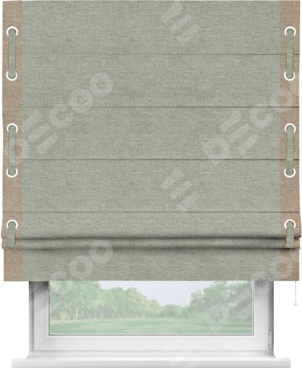 Римская штора «Кортин» с кантом Стрим Дуо (люверсы с пояском), для проема, ткань лён кашемир серо-зелёный