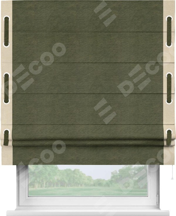 Римская штора «Кортин» с кантом Стрим Дуо (люверсы с пояском), для проема, ткань софт однотонный зелёный