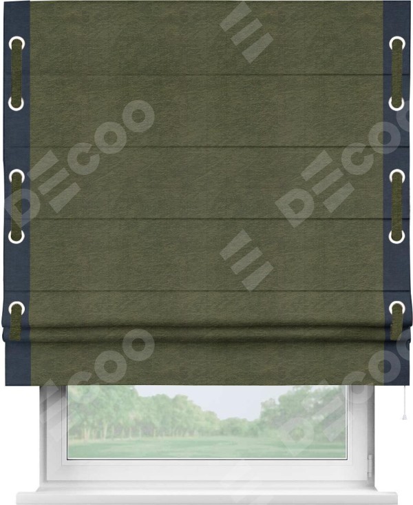 Римская штора «Кортин» с кантом Стрим Дуо (люверсы с пояском), для проема, ткань софт однотонный зелёный