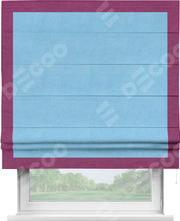 Римская штора «Кортин» с кантом Чесс, для проема, ткань вельвет голубой