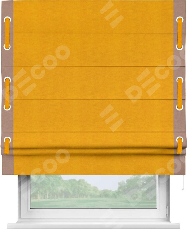 Римская штора «Кортин» с кантом Стрим Дуо (люверсы с пояском), для проема, ткань вельвет желтый