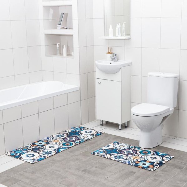Набор ковриков для ванны и туалета Доляна «Мистери», 2 шт: 45×75, 45×120 см, цвет синий