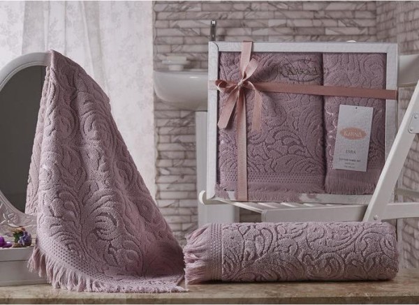Комплект махровых полотенец Esra, размер 50 х 90 - 1 шт, 70 х 140 - 1 шт, цвет грязно-розовый