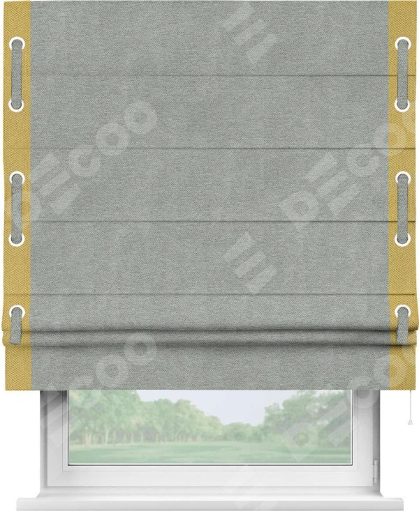 Римская штора «Кортин» с кантом Стрим Дуо (люверсы с пояском), для проема, ткань твид блэкаут, светло-серый