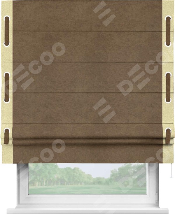 Римская штора «Кортин» с кантом Стрим Дуо (люверсы с пояском), для проема, ткань софт однотонный бронзовый